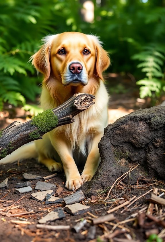 dog chewing on sticks